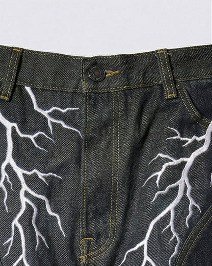 Lightning Thorn Washed Curved Wide Leg Denim Jeans WN27863