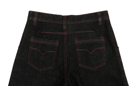 Contrast Stitch Panel Curved Wide Leg Denim Jeans WN25910