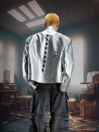 Splicing Stand Neck Zipper PU Leather Jacket WN21339