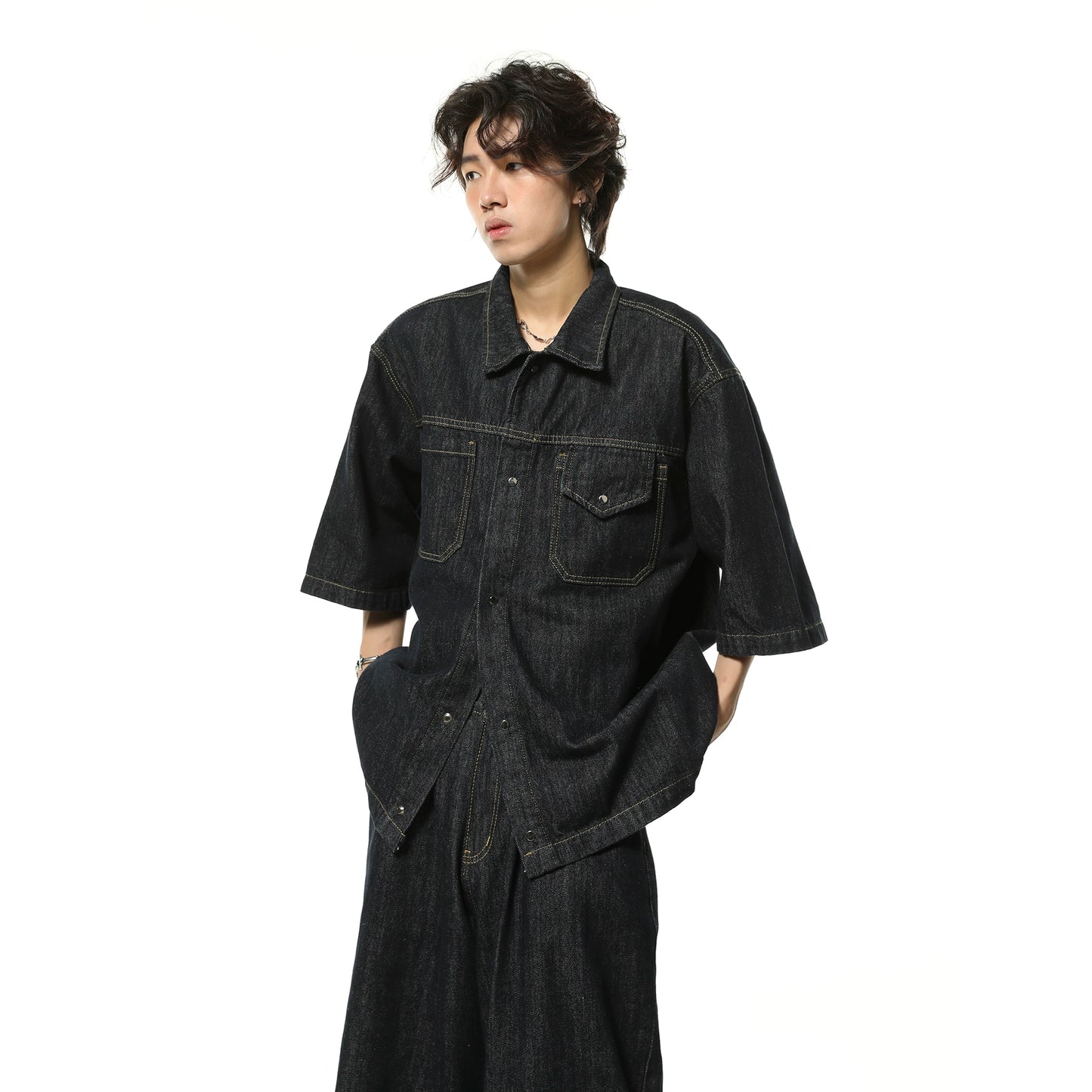 Washed Oversize Short Sleeve Denim Shirt & Half Denim Jeans Setup WN7098