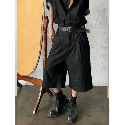 Washed Denim Short Sleeve Shirt & Wide Leg Denim Half Jeans Setup WN19956