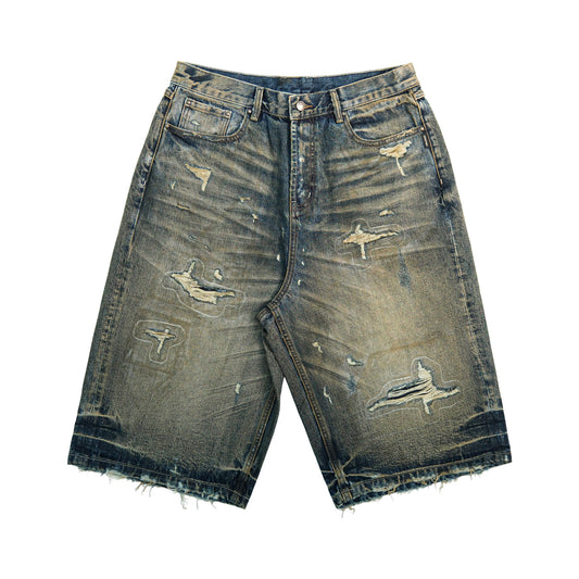 Washed Damage Raw Hem Denim Half Jeans WN26669