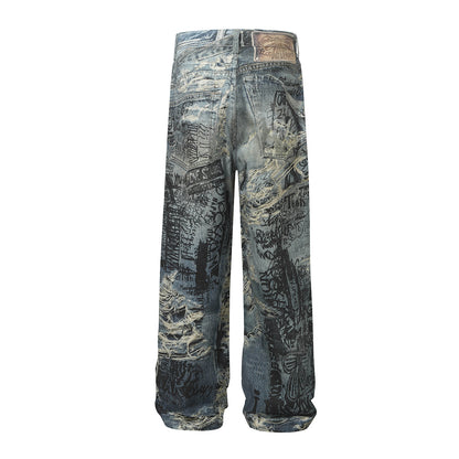 3D Graffiti Print Washed Wide Leg Denim Jeans WN18595