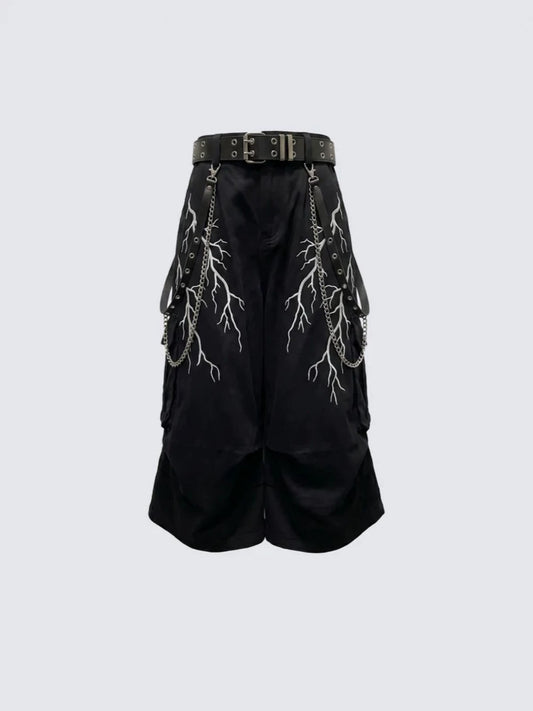 Thorn Graphic Detachable Chain Wide Leg Cargo Half Pants WN28115