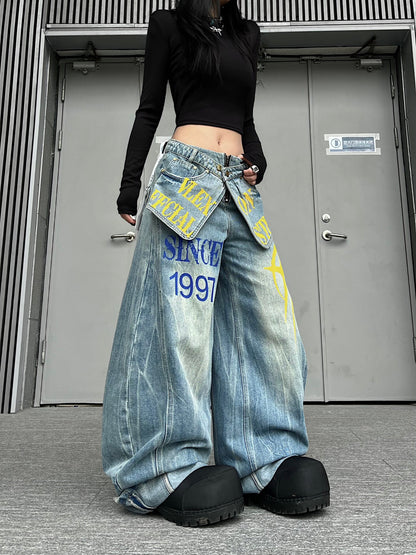 Fake Layered Panel Print Wide Leg Denim Jeans WN24231