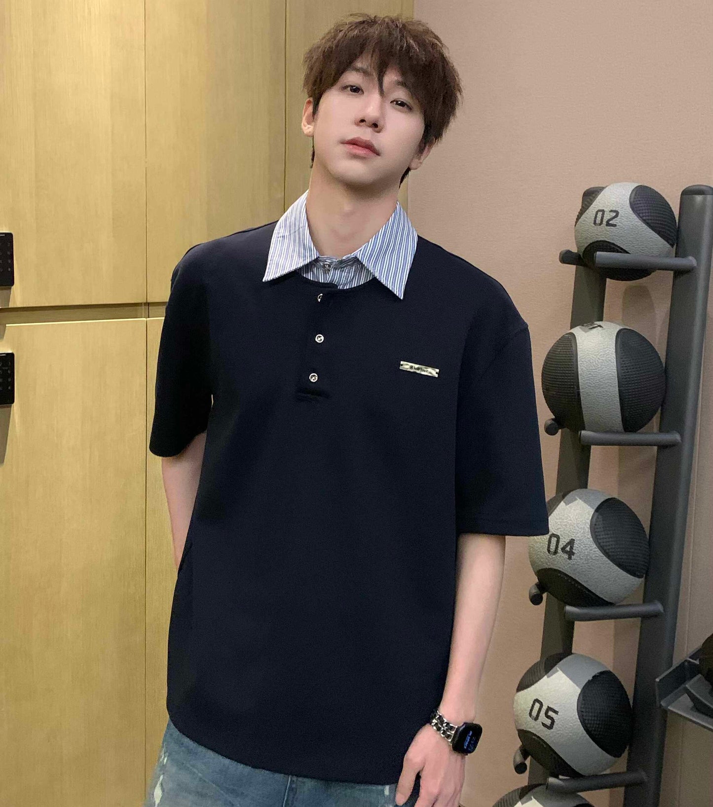 Fake Layered Striped Polo-Collar Patchwork Oversize Short Sleeve T-Shirt WN25263