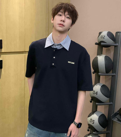Fake Layered Striped Polo-Collar Patchwork Oversize Short Sleeve T-Shirt WN25263