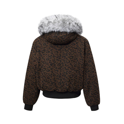 Leopard Print Fake Fur Trim Hooded Oversize Puffer Jacket WN27919