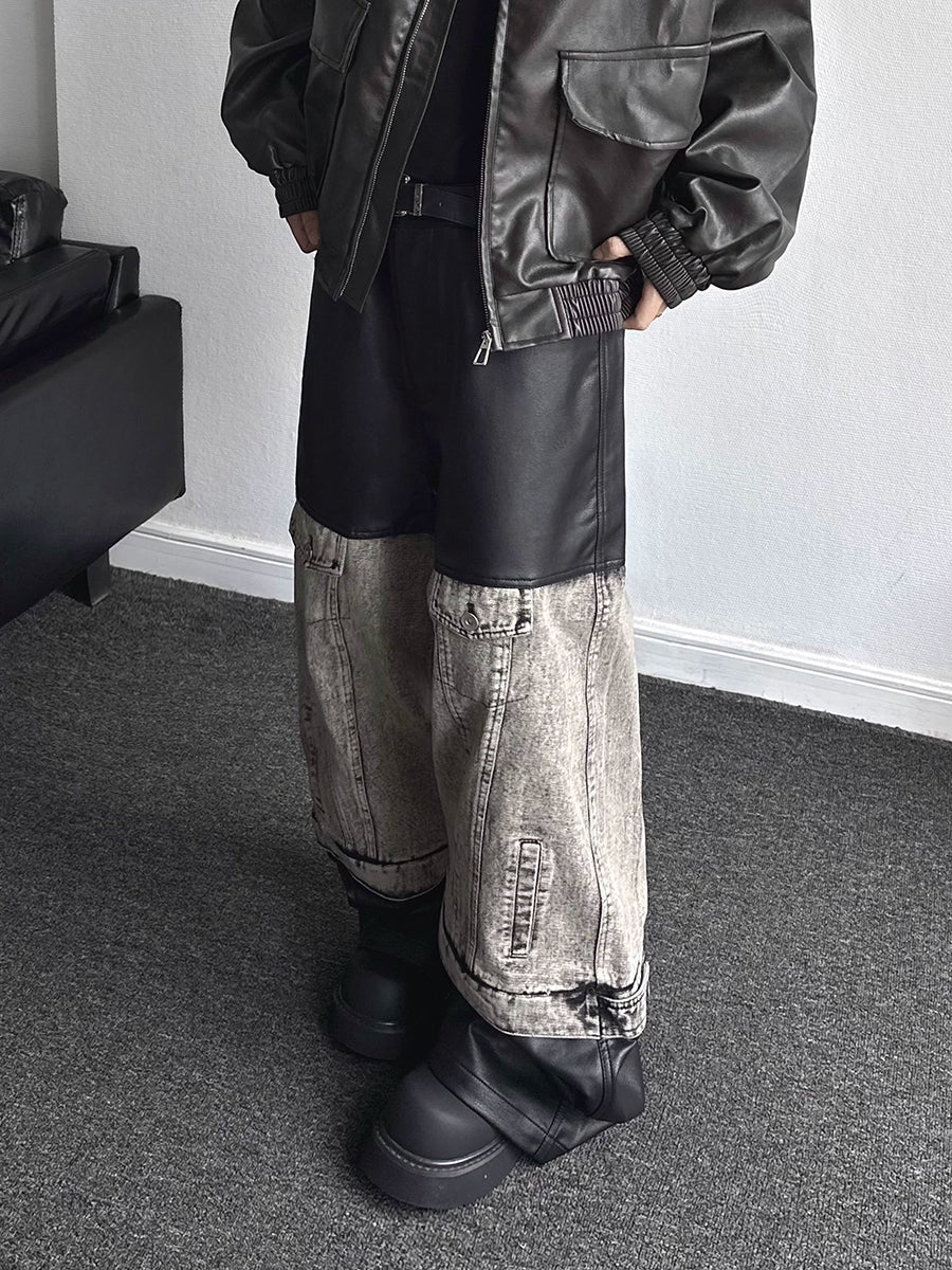 PU Leather Mix Wide Leg Denim Jeans WN19359