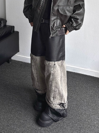 PU Leather Mix Wide Leg Denim Jeans WN19359