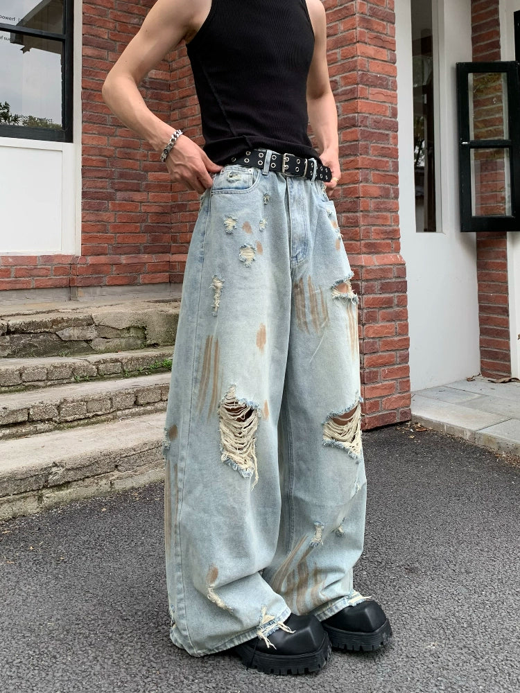 Damage Washed Wide Leg Denim Jeans WN19790
