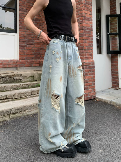Damage Washed Wide Leg Denim Jeans WN19790