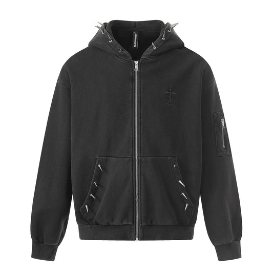 Heavyweight Rivet Washed Damage Zipper Hoodie WN25623