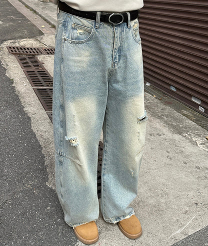 Wash Damage Wide Leg Long Denim Jeans WN25261