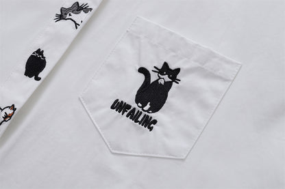Cat Embroidery Oversize Short Sleeve Shirt WN26845