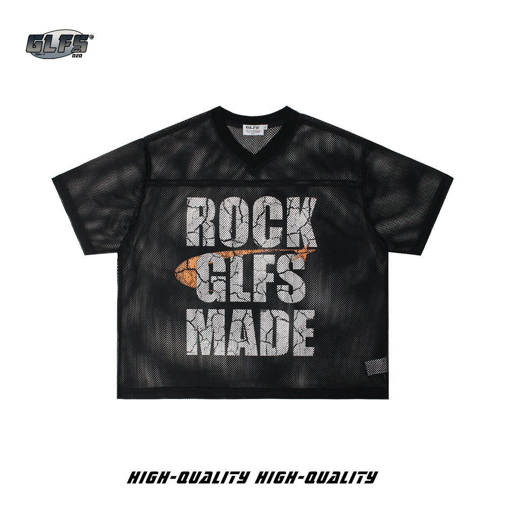 Mesh Letter Print V-Neck Short Sleeve T-Shirt WN26482