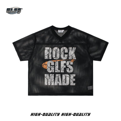 Mesh Letter Print V-Neck Short Sleeve T-Shirt WN26482