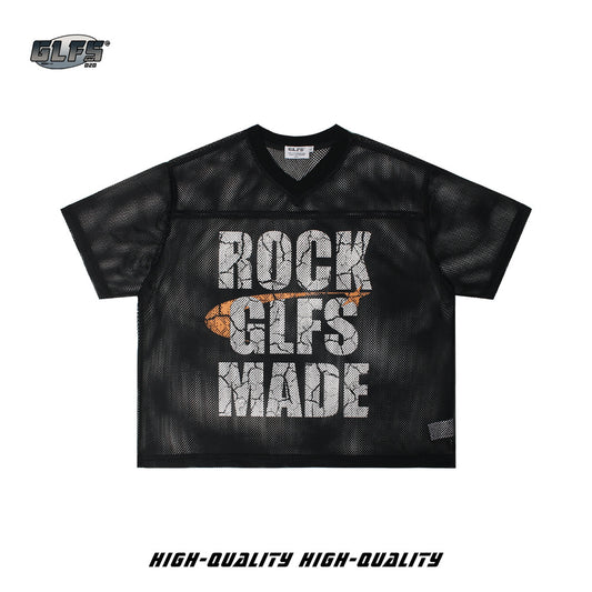 Mesh Letter Print V-Neck Short Sleeve T-Shirt WN26482