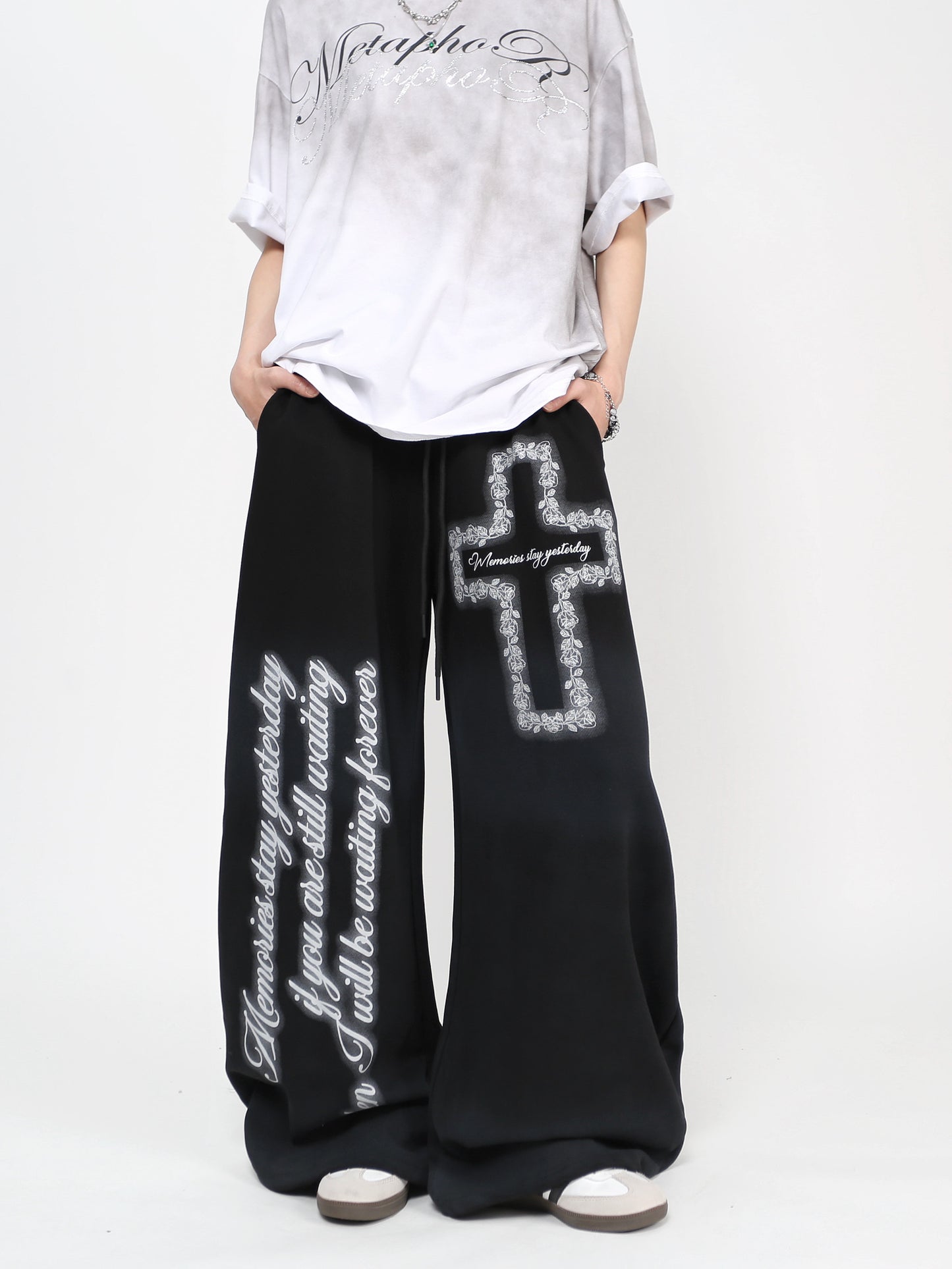 Cross Letter Print Washed Wide Leg Sporty Pants WN24483
