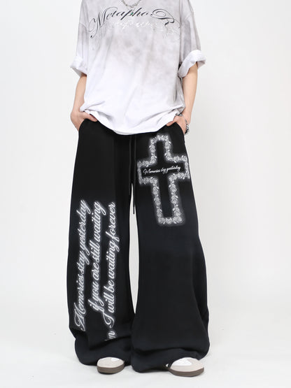 Cross Letter Print Washed Wide Leg Sporty Pants WN24483