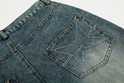 Star Patch Rivet Wide Leg Denim Jeans WN25585