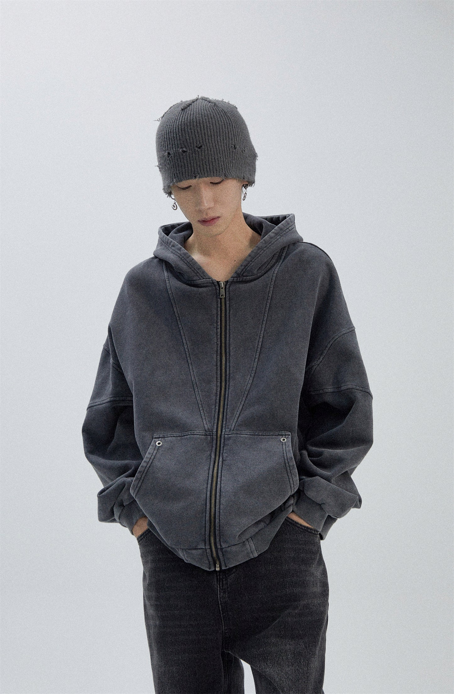 Washed Patchwork Oversize Zipper Hoodie WN8790