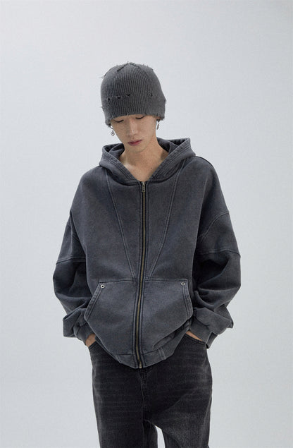 Washed Patchwork Oversize Zipper Hoodie WN8790