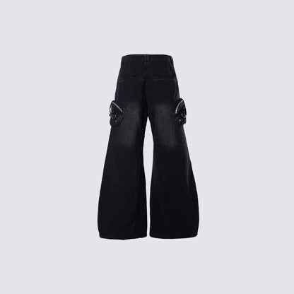 Bleached Damage Multi-Pocket Wide Leg Denim Jeans WN27797
