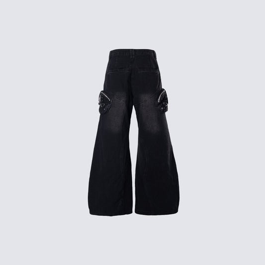 Bleached Damage Multi-Pocket Wide Leg Denim Jeans WN27797