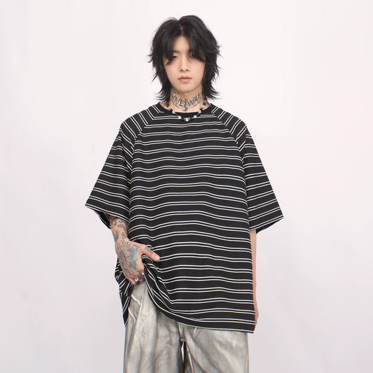 Oversize Striped Round Neck Short Sleeve T-shirt WN6536