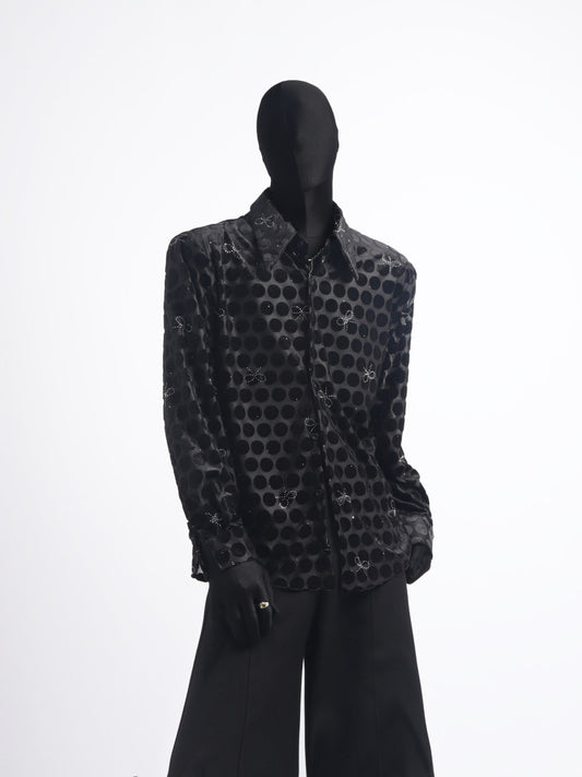 Polka Dot Design Shoulder-Pad Long Sleeve Shirt WN23776