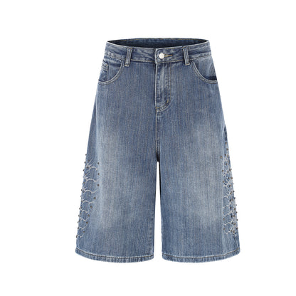Embroidery Bead Wide Leg Short Denim Pants WN25628