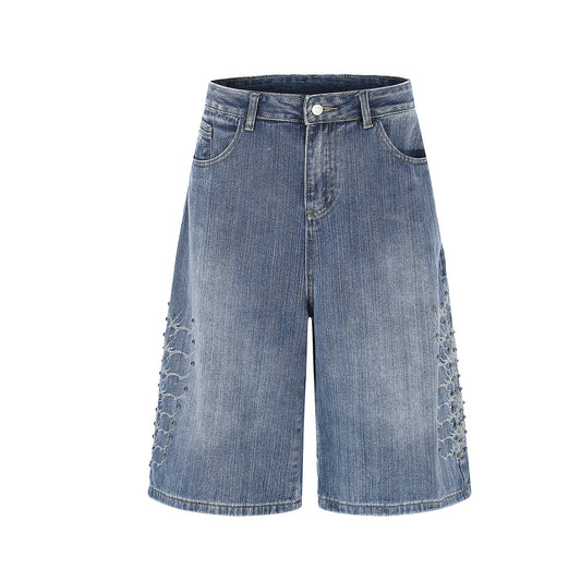 Embroidery Bead Wide Leg Short Denim Pants WN25628