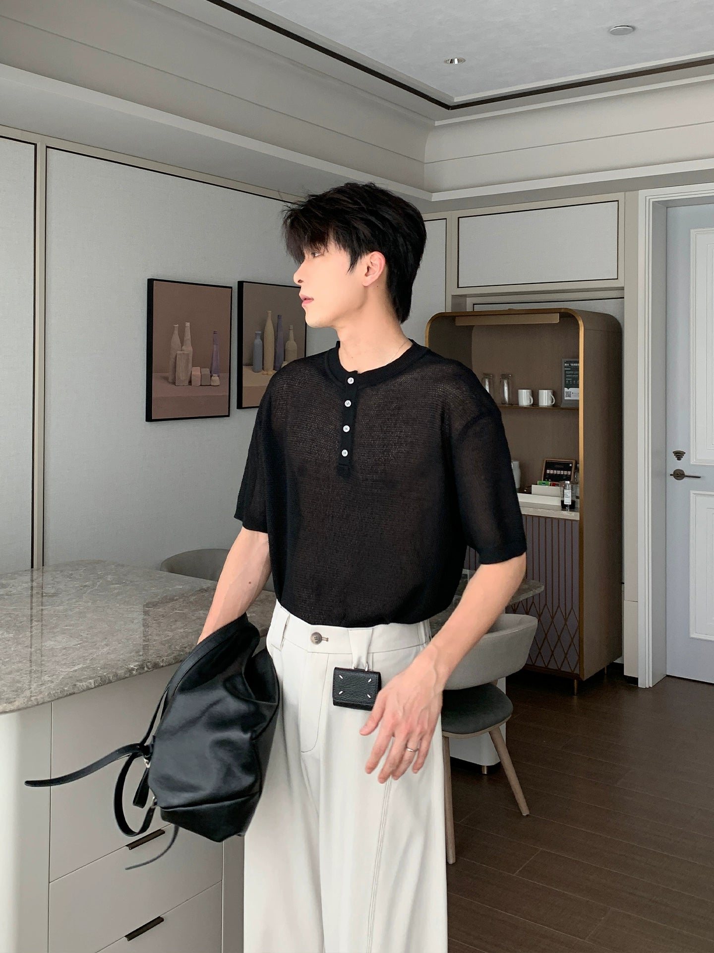 Cooling Linen Knit Henry Neck Short Sleeve T-Shirt WN20468