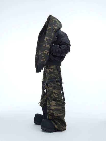 Washed Belt Design Camouflage Flare Cargo Pants WN10871