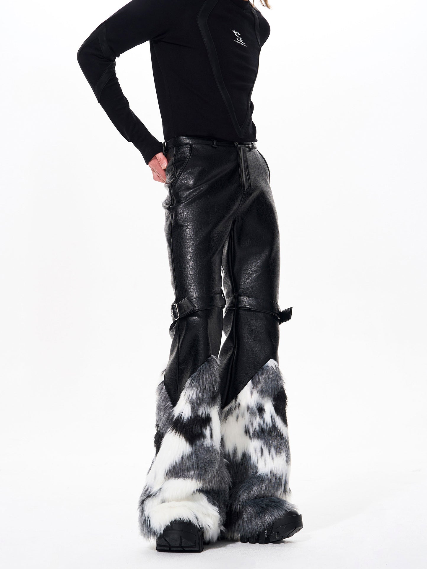 Fake Fur Patchwork Flare Buckle Pants WN23257