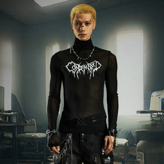 High Elastic Tight Gel Print High-Neck Long Sleeve T-Shirt WN20554