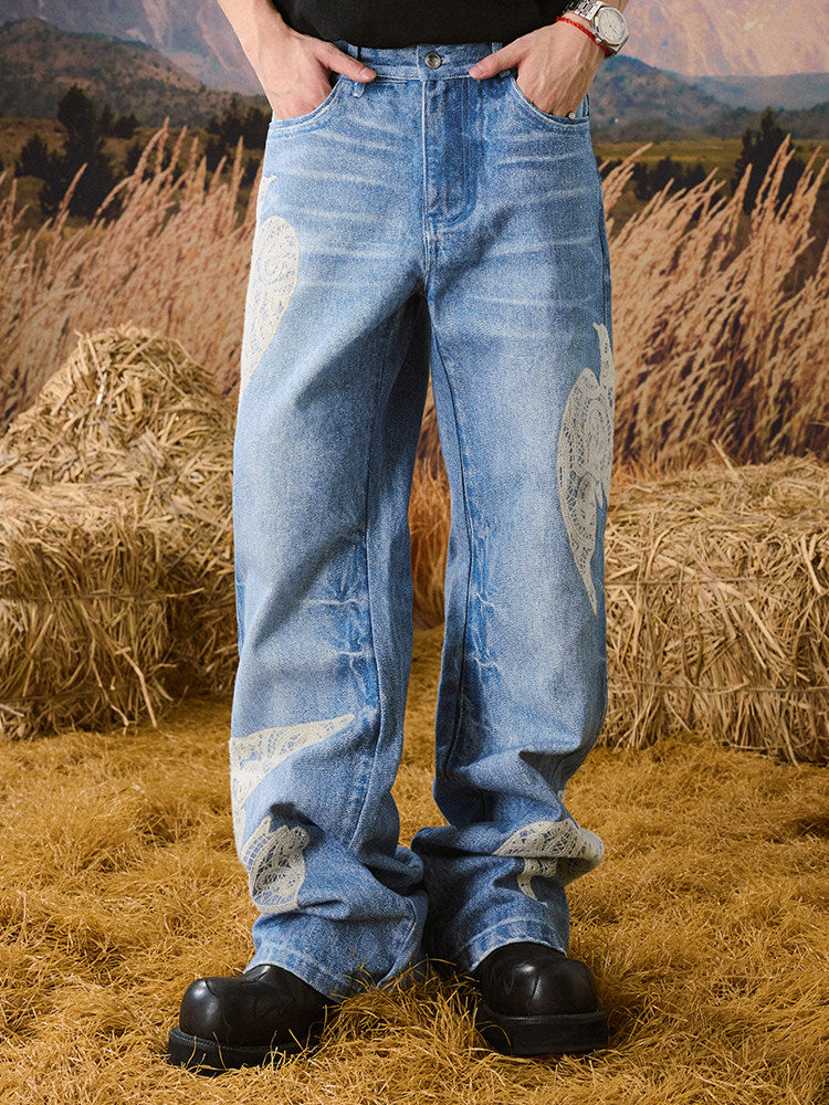 Wing Embroidery Wide Leg Denim Jeans WN23216