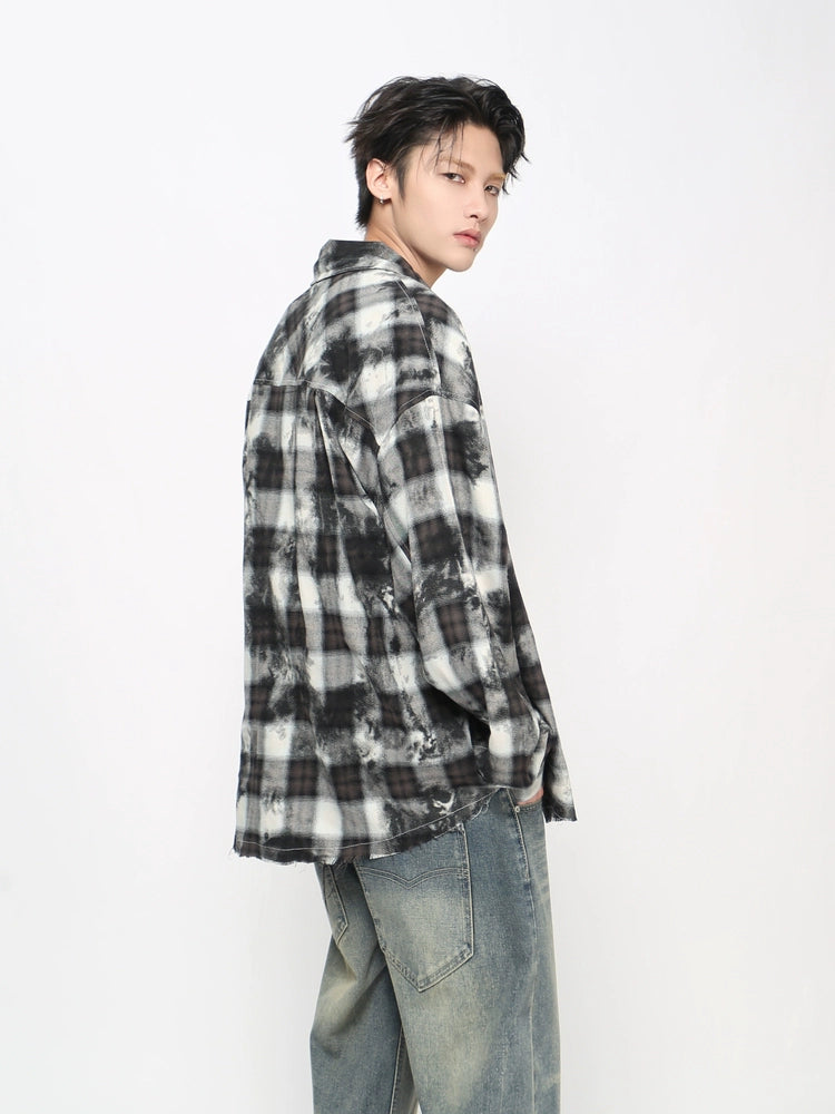Tie-Dye Plaid Whisker Hem Long Sleeve Shirt WN21018