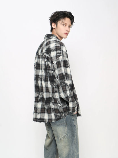 Tie-Dye Plaid Whisker Hem Long Sleeve Shirt WN21018