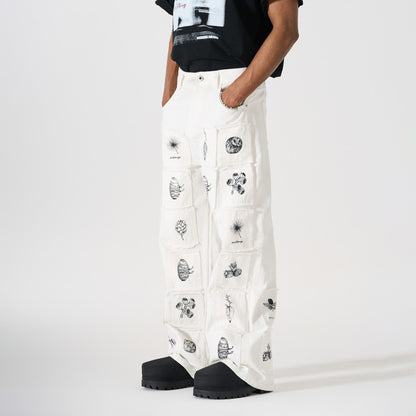 Deconstructed Sketch Applique Print Wide Leg Denim Jeans WN27884