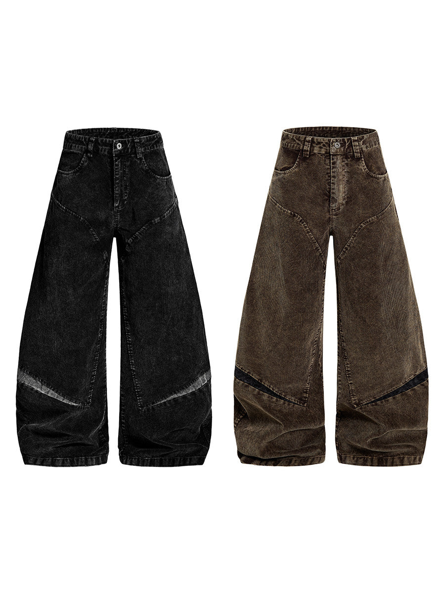 Corduroy Deconstructed Patchwork Curved Wide Leg Denim Jeans WN24216