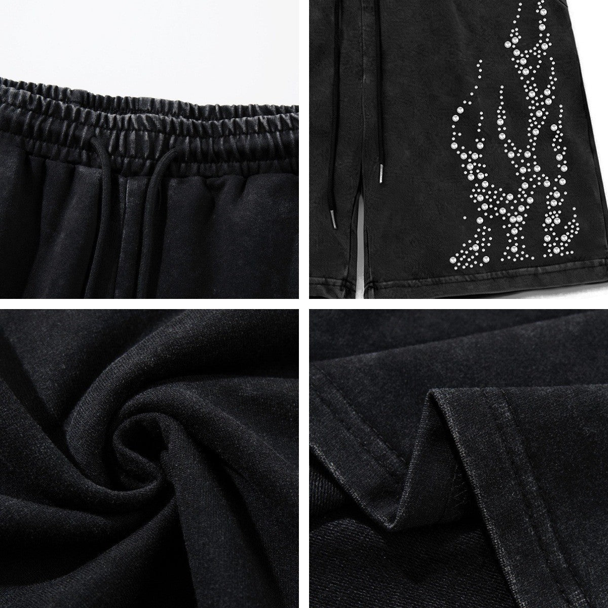 Washed Rhinestone Flame Half Pants WN26943