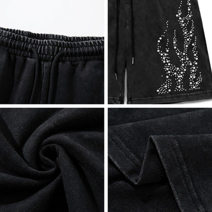 Washed Rhinestone Flame Half Pants WN26943