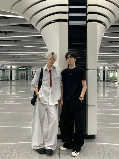 Striped Shoulder Lapel Short Sleeve Jacket & Wide Leg Pants Setup WN19777