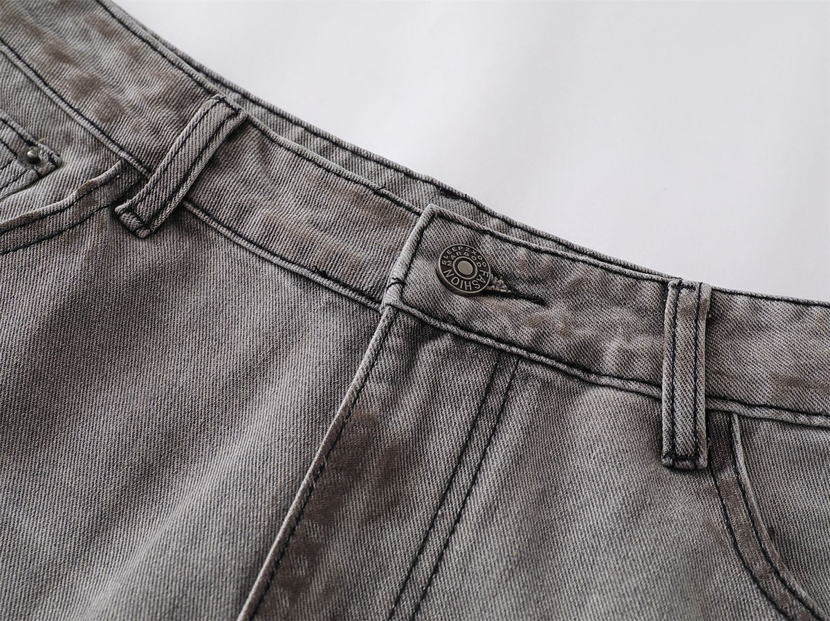 Dirty Washed Ripped Straight Leg Denim Jeans WN26829