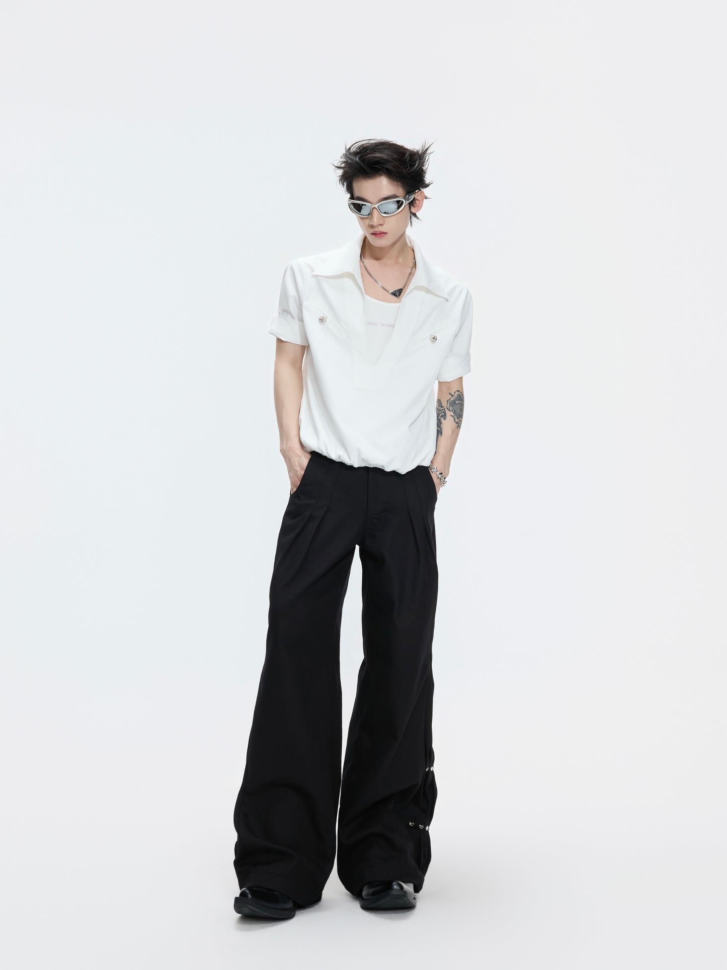 Fake Layered Workwear Elastic Hem Short Sleeve Shirt WN26992
