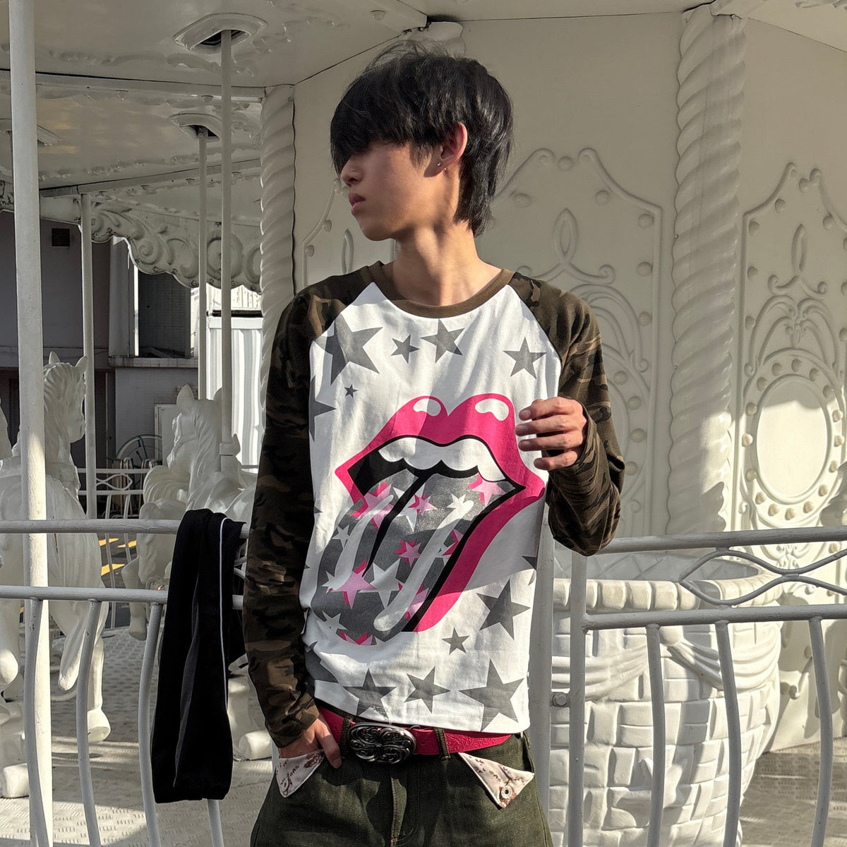 Raglan Camo Star Lip Graphic Print Long Sleeve T-Shirt & Short Sleeve Shirt WN27192