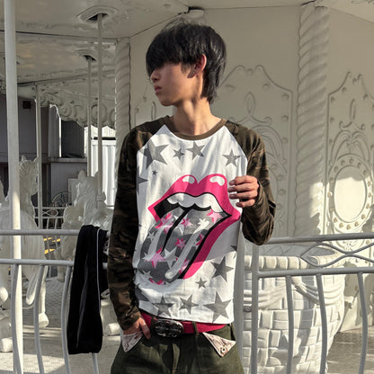 Raglan Camo Star Lip Graphic Print Long Sleeve T-Shirt & Short Sleeve Shirt WN27192