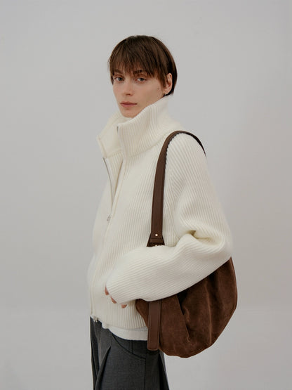 Thick Zipper Stand Neck Knit Cardigan WN21673